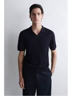 COS Black 100% Cotton Knit Short Sleeve Polo Shirt Mens Size XL Johnny Collar
